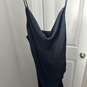 Blue cowl neck dress with tighten straps on the side.